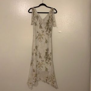 Light chartreuse floral 100% polyester flowing midi dress